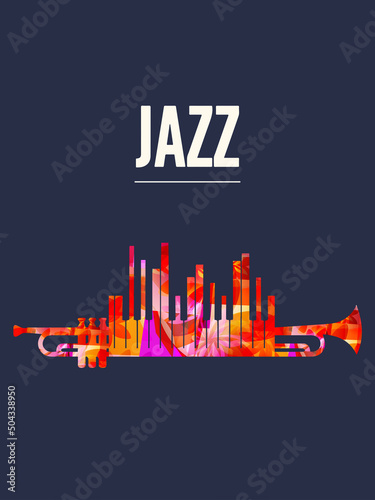  Jazz music poster with colorful trumpet and piano keyboard vector illustration. Live concert events, music festivals and shows creative background, party flyer, invitation design	