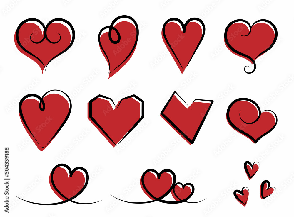 Collection of heart shaped icons. Stylized hearts of various shapes. Design elements for valentine's day. Good for stickers, banners, wrapping paper, applications, posters, greeting cards