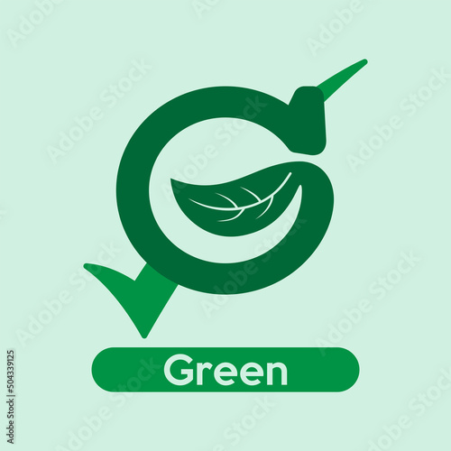 G letter combined with leaf shape on check mark icon as a gimmick of green guarantee. Green eco sign. Vector illustration outline flat design style.
