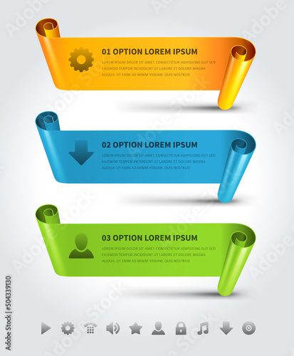 Twisted roll paper poster infographic business marketing strategy visualization realistic vector illustration. Involute educational scheme options steps with icon set report presentation 3d template