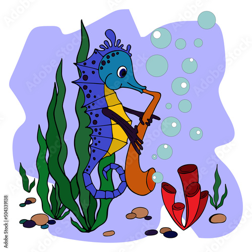 cute illustration for children's seahorse playing the saxophone, fabulous outline drawing, color graphics, art