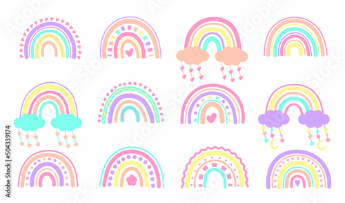 Set of rainbows in boho style. Cute rainbows with clouds, stars and hearts, scandinavian rainbow doodles. Colorful nursery doodle, kids fashion fabric print, childish boho elements vector set