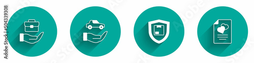 Set Hand holding briefcase, Car insurance, Delivery security with shield and Marriage contract icon with long shadow. Vector