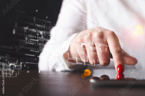 Business woman working on digital tablet computer. People with global internet network connection technology