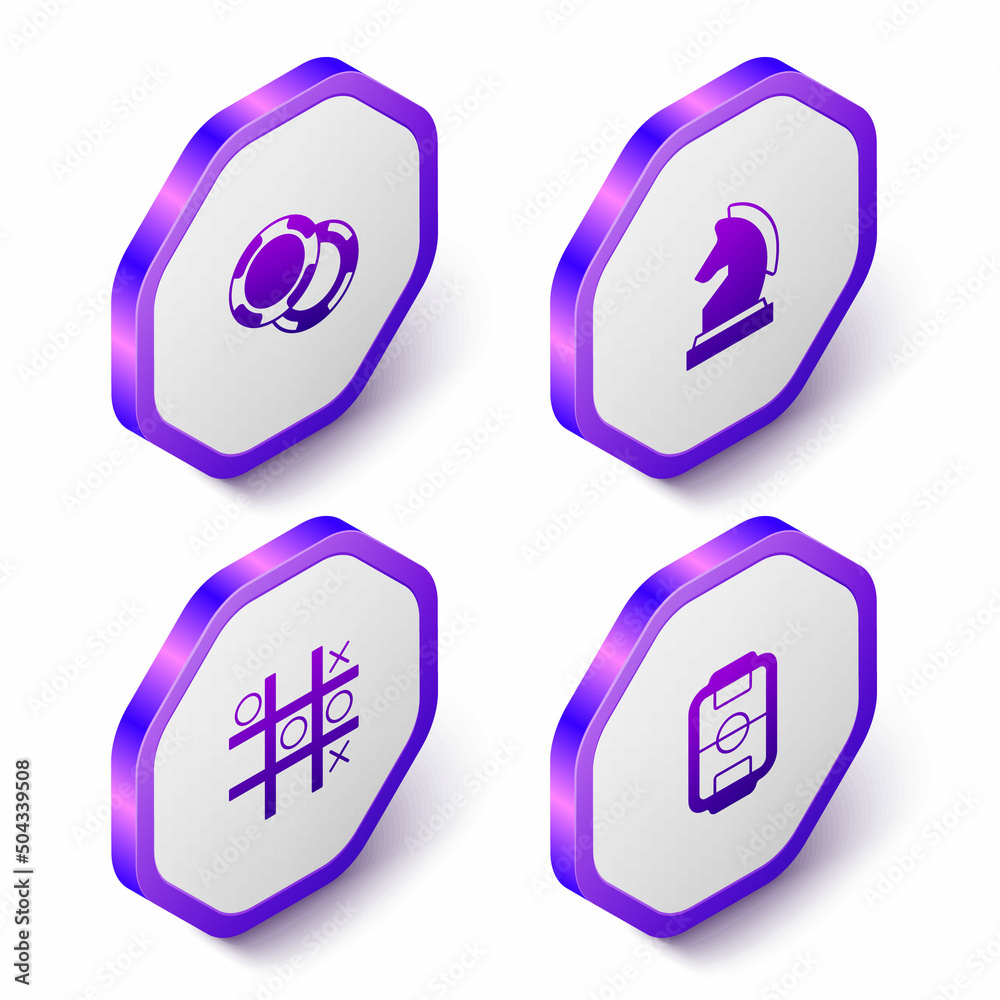 Set Isometric Casino chips, Chess, Tic tac toe game and Table football icon. Purple hexagon button. Vector Set Isometric Casino chips, Chess, Tic tac toe game and Table football icon. Purple hexagon button. Vector