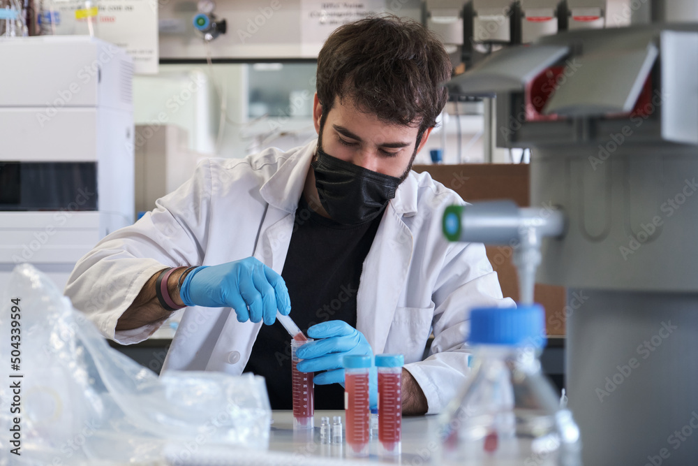 Fototapeta premium Young researcher wearing protective face mask working in a real laboratory analysing experimental samples.