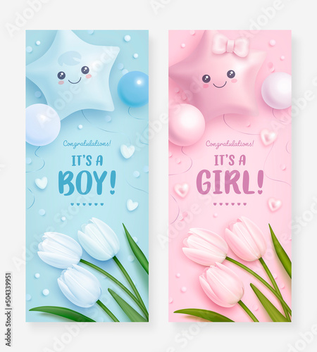 Set of baby shower vertical banner with cartoon balloons and realistic tulips on blue and pink background. It's a boy. It's a girl. Vector illustration