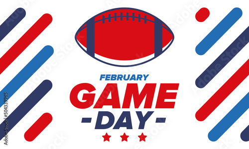 Game Day. American football playoff. Super Bowl Party in United States. Final game of regular season. Professional team championship. Ball for american football. Sport poster. Vector illustration