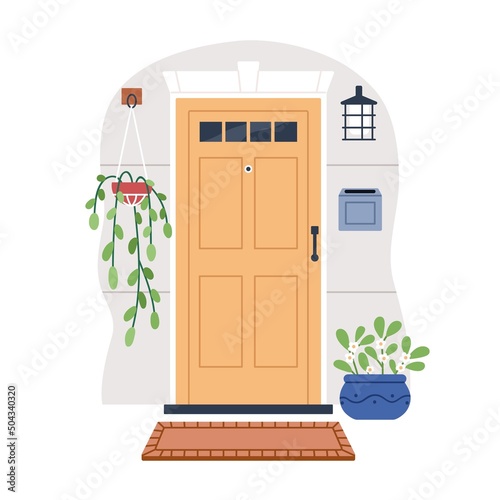 House door, front view from street. Closed home entrance exterior with potted flower plants, lamp, postbox, peehole and entry rug. Doorway facade. Flat vector illustration isolated on white background