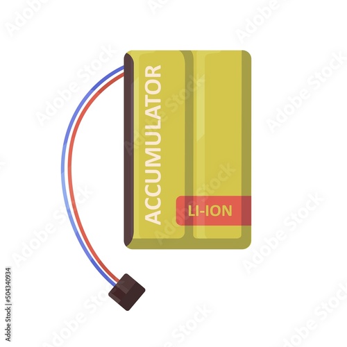 Li-ion accumulator with wires, cables and terminal clamp connector. Rechargeable lithium liion battery of rectangle shape for electric devices. Flat vector illustration isolated on white background