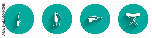 Set Fishing rod, lure, harpoon and Camping folding chair icon with long shadow. Vector