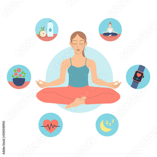 Young woman sitting in lotus position and meditating isolated on white background with icons on the theme of healthy lifestyle