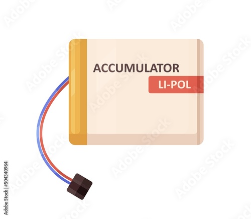 Li-pol lithium polymer accumulator with wires and terminal clamp. Rechargeable lipol battery of rectangle shape for electric devices. Flat vector illustration isolated on white background