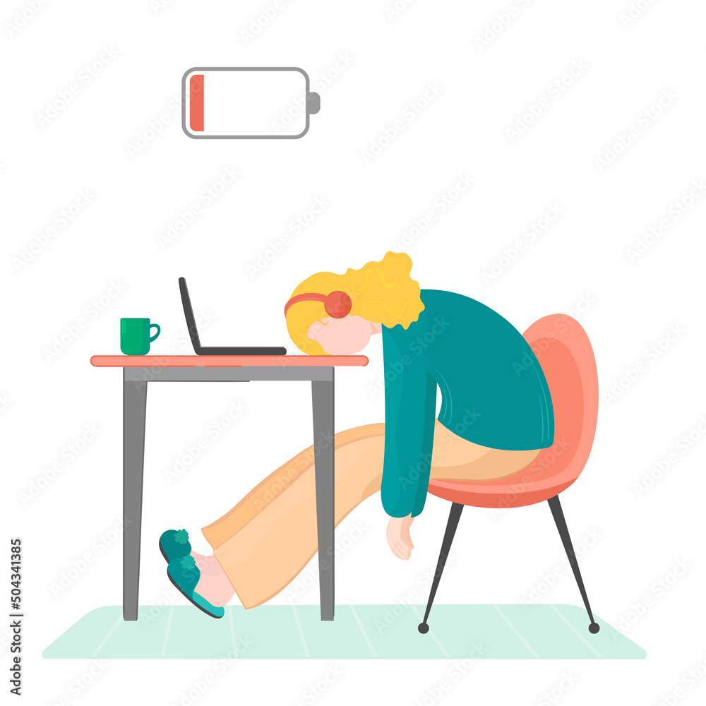 Fototapeta premium Vector illustration woman get burhoot at the desk with laptop, cat and cup of tea.