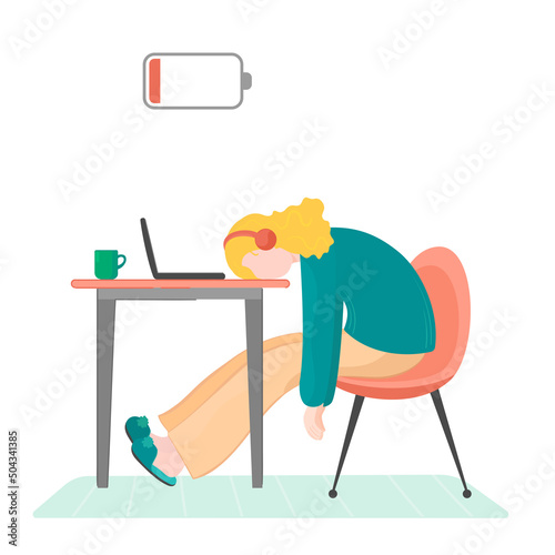 Vector illustration woman get burhoot at the desk with laptop, cat and cup of tea.