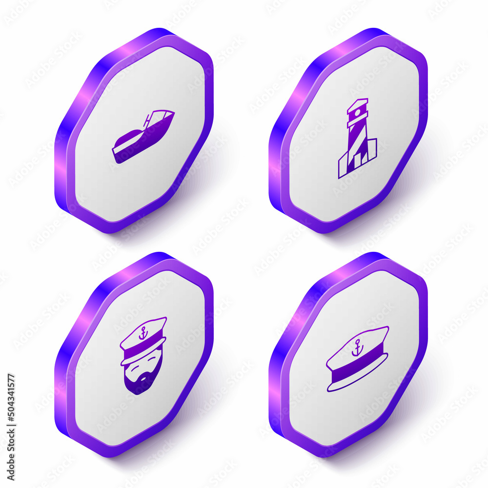 Set Isometric Jet ski, Lighthouse, Captain of ship and hat icon. Purple hexagon button. Vector Set Isometric Jet ski, Lighthouse, Captain of ship and hat icon. Purple hexagon button. Vector