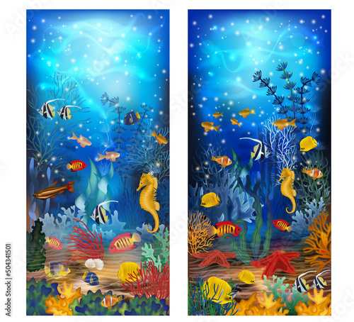 Fototapeta Naklejka Na Ścianę i Meble -  Underwater banners with seahorse tropical fish. vector illustration