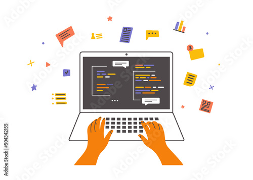 Man working online with information using digital data analysis, database. Human hands on laptop keyboard. Freelancer programmer and program code. Chat, charts, coding, infographic vector illustration photo