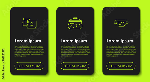 Set line Kitchen meat grinder, Cooking pot and colander. Business infographic template. Vector