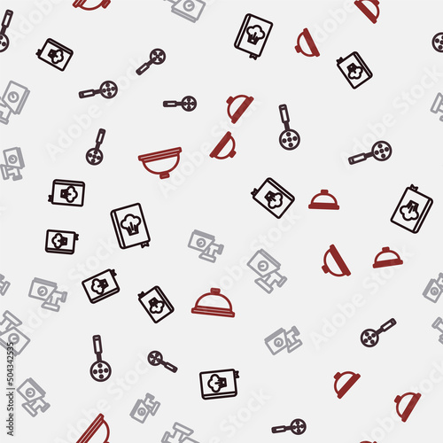 Set line Cookbook, Spatula, Kitchen meat grinder and Covered with tray of food on seamless pattern. Vector