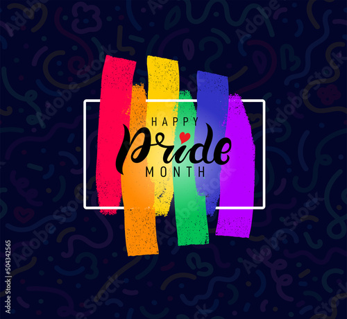 Pride month 2022 logo with rainbow flag. Pride symbol with heart, LGBT, sexual minorities, gays and lesbians. Banner Love is love. 2022 Designer sign, icon colorful brush strockes rainbow.