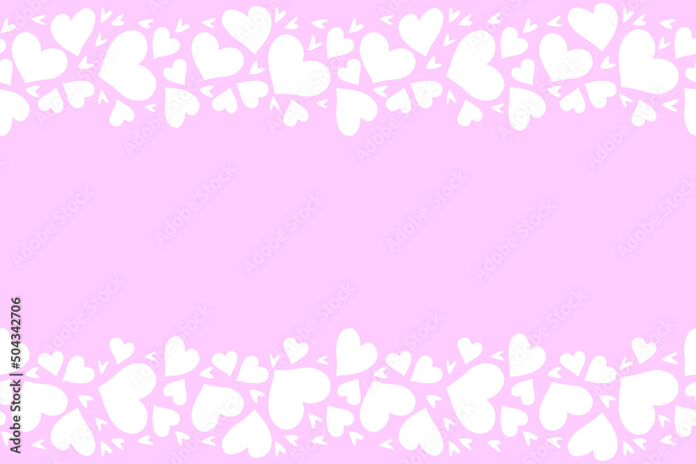 Vector frame of white hearts on pink background. Love romance theme. Horizontal top and bottom edging, border, decoration for birthday, Valentine's day, greeting card, wedding