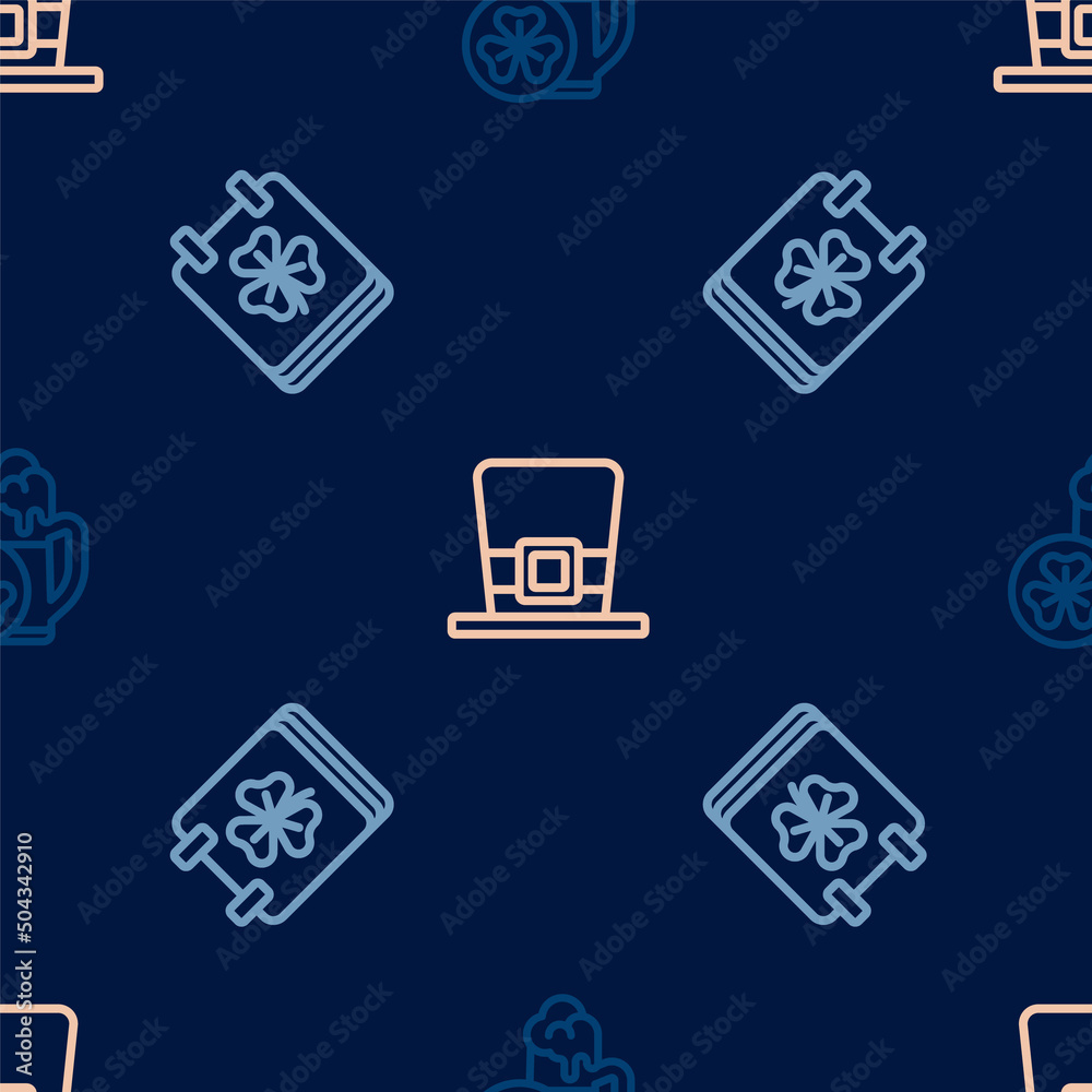 Set line Glass of beer, Saint Patricks day with calendar and Leprechaun hat on seamless pattern. Vector Set line Glass of beer, Saint Patricks day with calendar and Leprechaun hat on seamless pattern. Vector