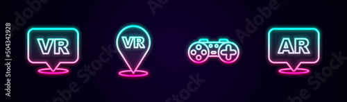 Set line Virtual reality, Gamepad and Augmented AR. Glowing neon icon. Vector