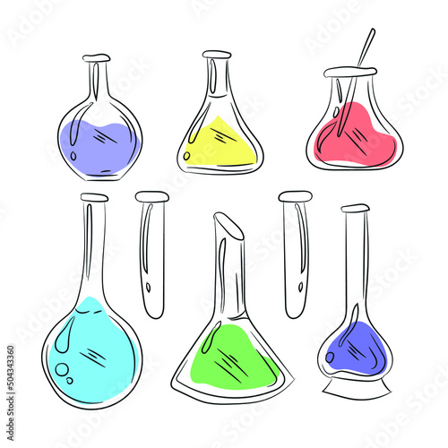 Different laboratory glassware on white background