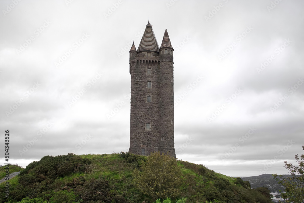 19th century Scrabo Tower is a landmark on Scrabo Hill in Northern Ireland.  Built as a memorial to  Charles Vane, 3rd Marquess of Londonderry, in the architectural style, Scottish Baronial Revival