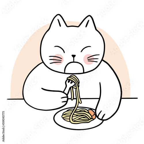 Cartoon cute cat eating spaghetti vector.
