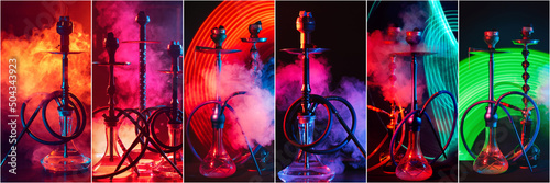 Collage of many different hookahs with smoke and coals with neon light for banner design