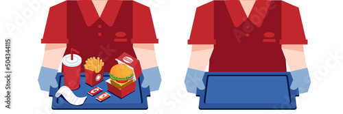 Asian worker at fast food restaurant holding burger combo tray server.