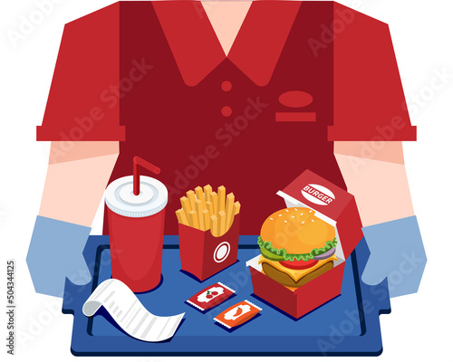 Asian worker at fast food restaurant holding burger combo tray server.