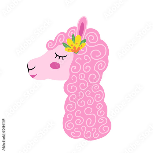 Llama, cute curly llama, alpaca. Vector Illustration for printing, backgrounds, covers, packaging, greeting cards, posters, stickers, textile and seasonal design. Isolated on white background.