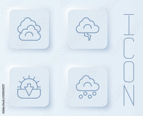 Set line Cloud  and lightning  Sunset and Hail cloud. White square button. Vector