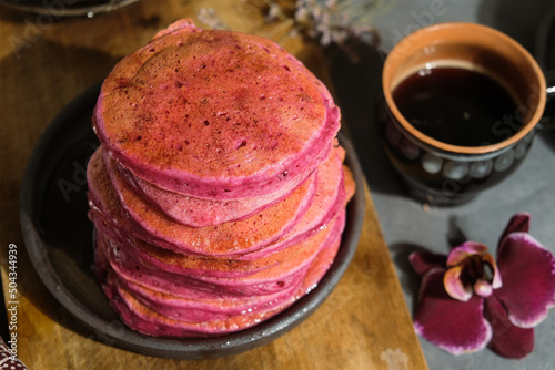 Pink beet pancakes breakfast