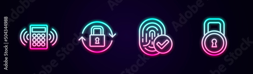 Set line Security keypad access panel, Lock, Fingerprint and . Glowing neon icon. Vector