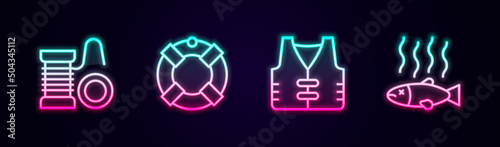 Set line Spinning reel for fishing, Lifebuoy, Fishing jacket and Dead. Glowing neon icon. Vector