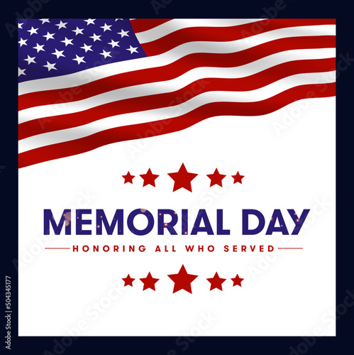  USA Memorial Day greeting card template set with brush stroke background in United States national flag colors. Vector illustration. Honoring all who served.