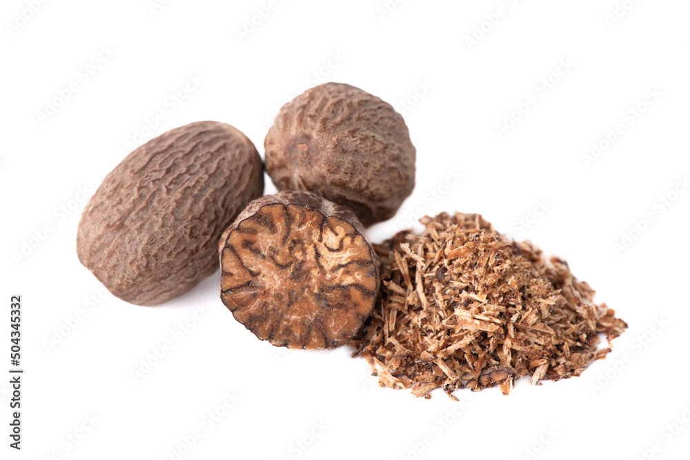 Nutmeg isolated on white background. Nutmeg powder. Nutmeg spice. Nutmeg isolated on white background. Nutmeg powder. Nutmeg spice.