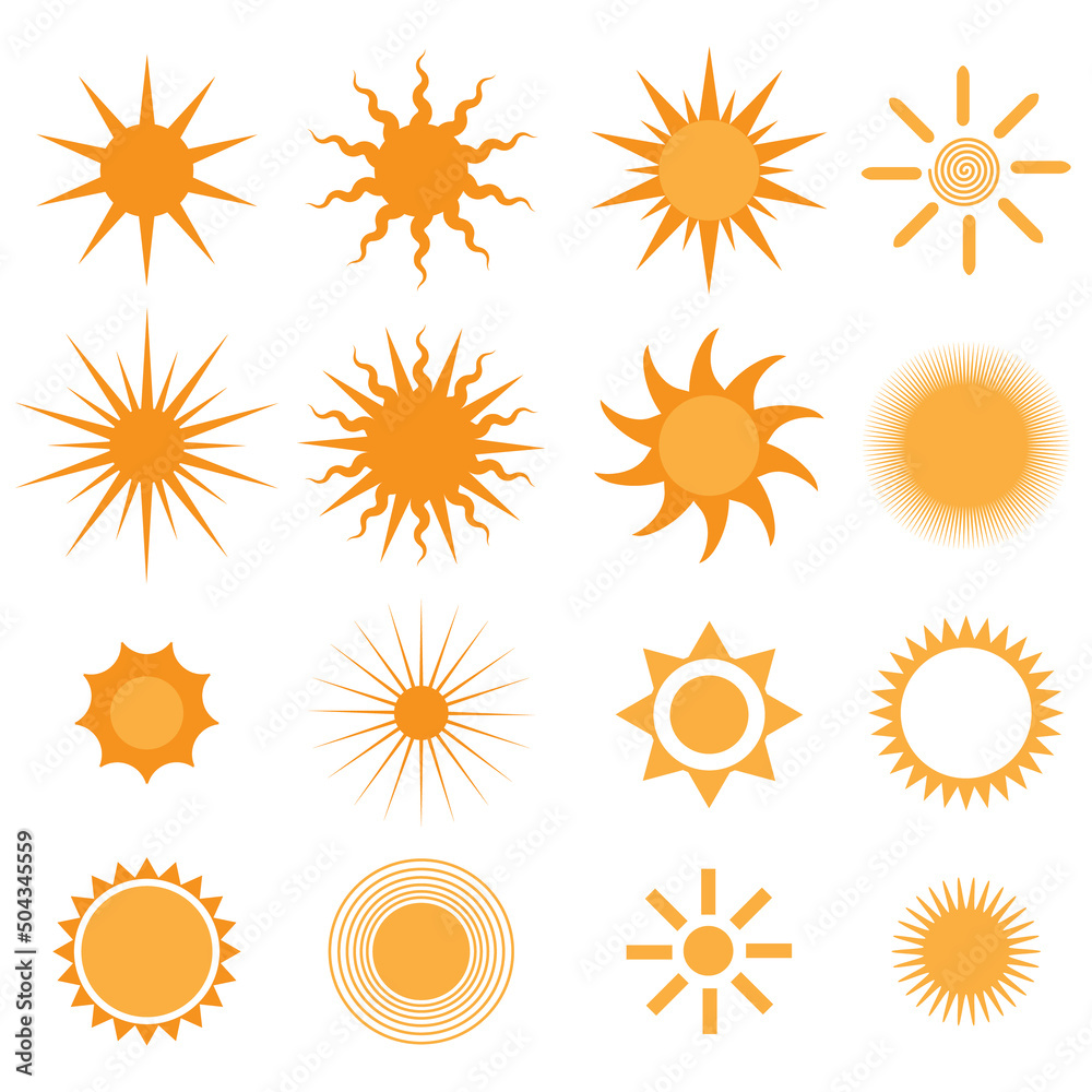 set of sun icons, Vector sun collection, Set of 16 sun icons, Orange sun Vector illustration, set of sun icons, Vector sun collection, Set of 16 sun icons, Orange sun Vector illustration,