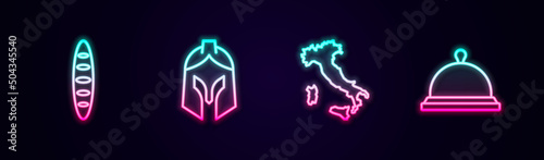 Set line French baguette bread, Roman army helmet, Map of Italy and Covered with tray food. Glowing neon icon. Vector