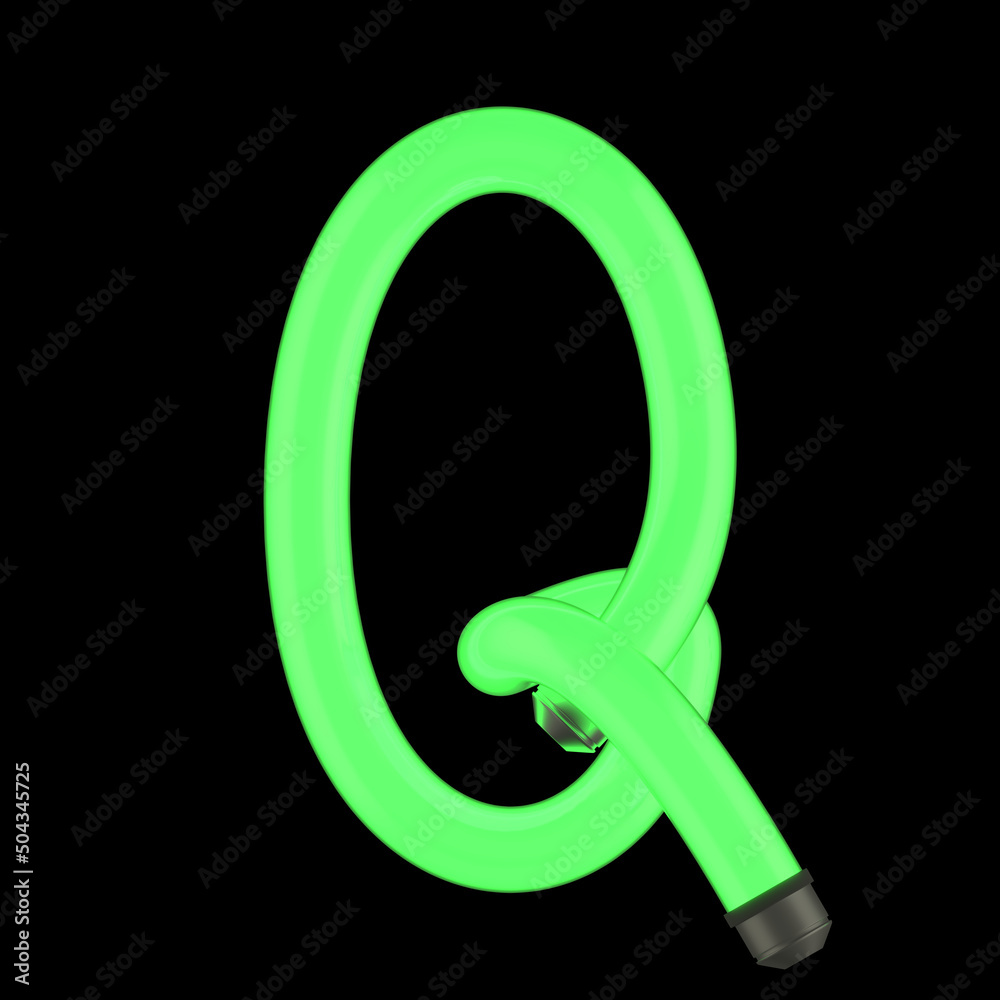 Obraz premium Letter Q made of green neon lamp, isolated on black, 3d rendering
