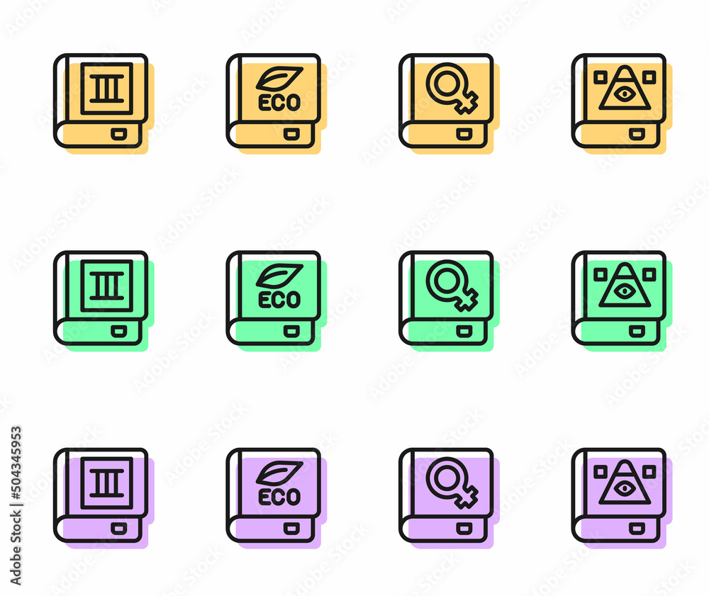Set line Book about women, ecology and Ancient magic book icon. Vector Set line Book about women, ecology and Ancient magic book icon. Vector
