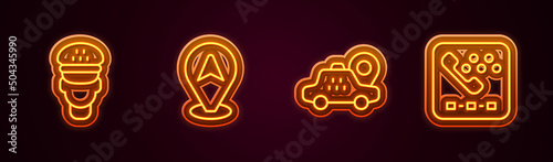 Set line Taxi driver, Location taxi car, and call telephone service. Glowing neon icon. Vector