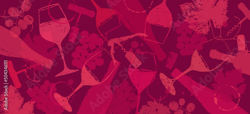 Background drawing with bottles, wine glasses, grapes, corkscrew and drops. Banner with illustration for wine design. reddish colors vector photo