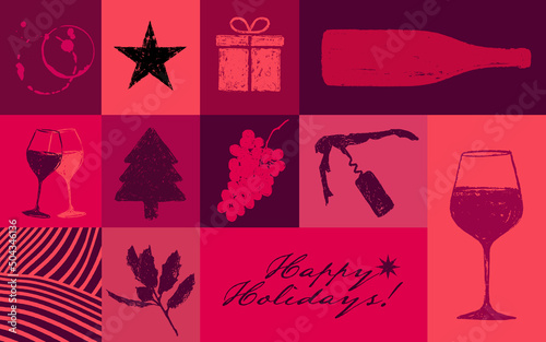 Background composition with drawings of wine and holidays graphics