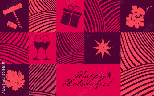 Background composition with vineyard lines, wine drawings and festive graphics. Collage with rows of vines, star, wine glasses, gift, grapes, corkscrew. Vivid colors of wine. vector illustration
