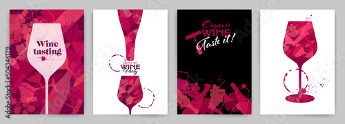 Templates with wine designs. Background hand drawing of wine glasses, bottle, bunches of grapes, vine leaves and drops of wine.